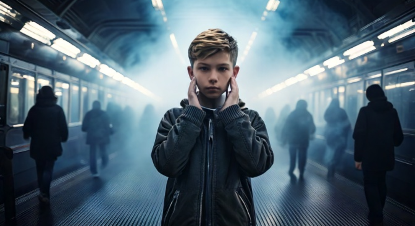A teenage boy stands frozen and alone on a smoke-hazed New York subway platform, hands pressed over his ears, blurred commuters rushing past, the world gone silent