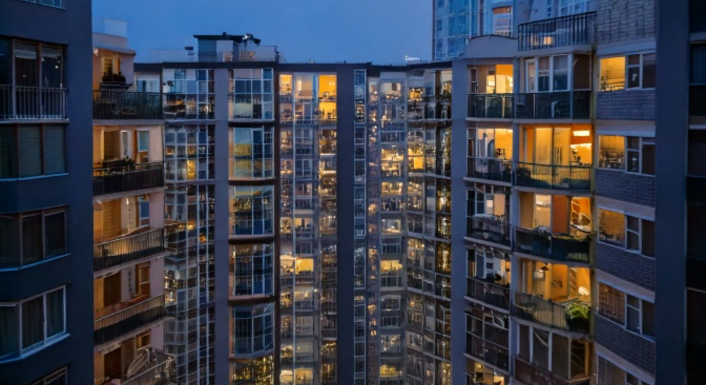 A twilight city of apartment towers, warm light glowing from hundreds of windows against the blue dusk, a sense of countless people each alone with a softly-lit screen