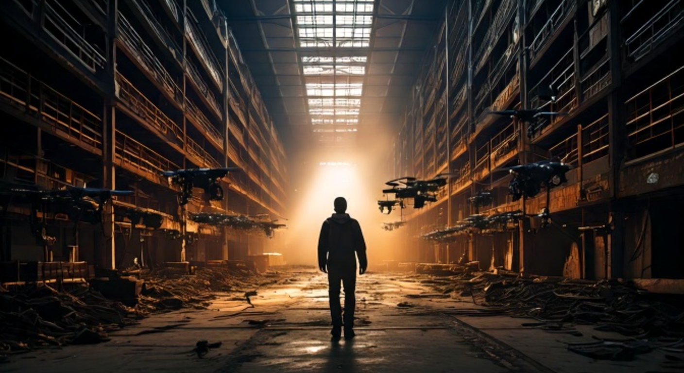 A lone young man with a flashlight walks the aisles of a vast dim warehouse stacked floor to ceiling with hundreds of grounded camera drones gathering dust, shafts of amber light falling through high windows
