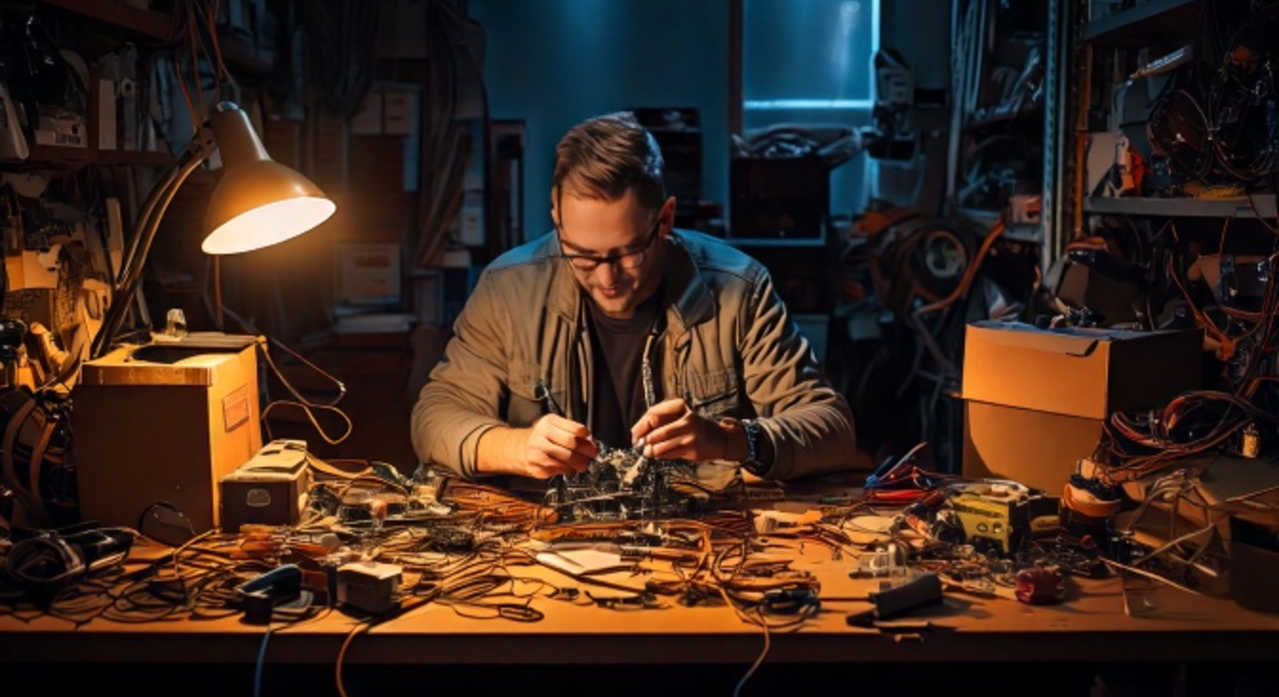 A laid-off engineer solders a salvaged drone at a cluttered workbench in a dim Oakland warehouse, a single warm desk lamp glowing, a box of office belongings on the floor