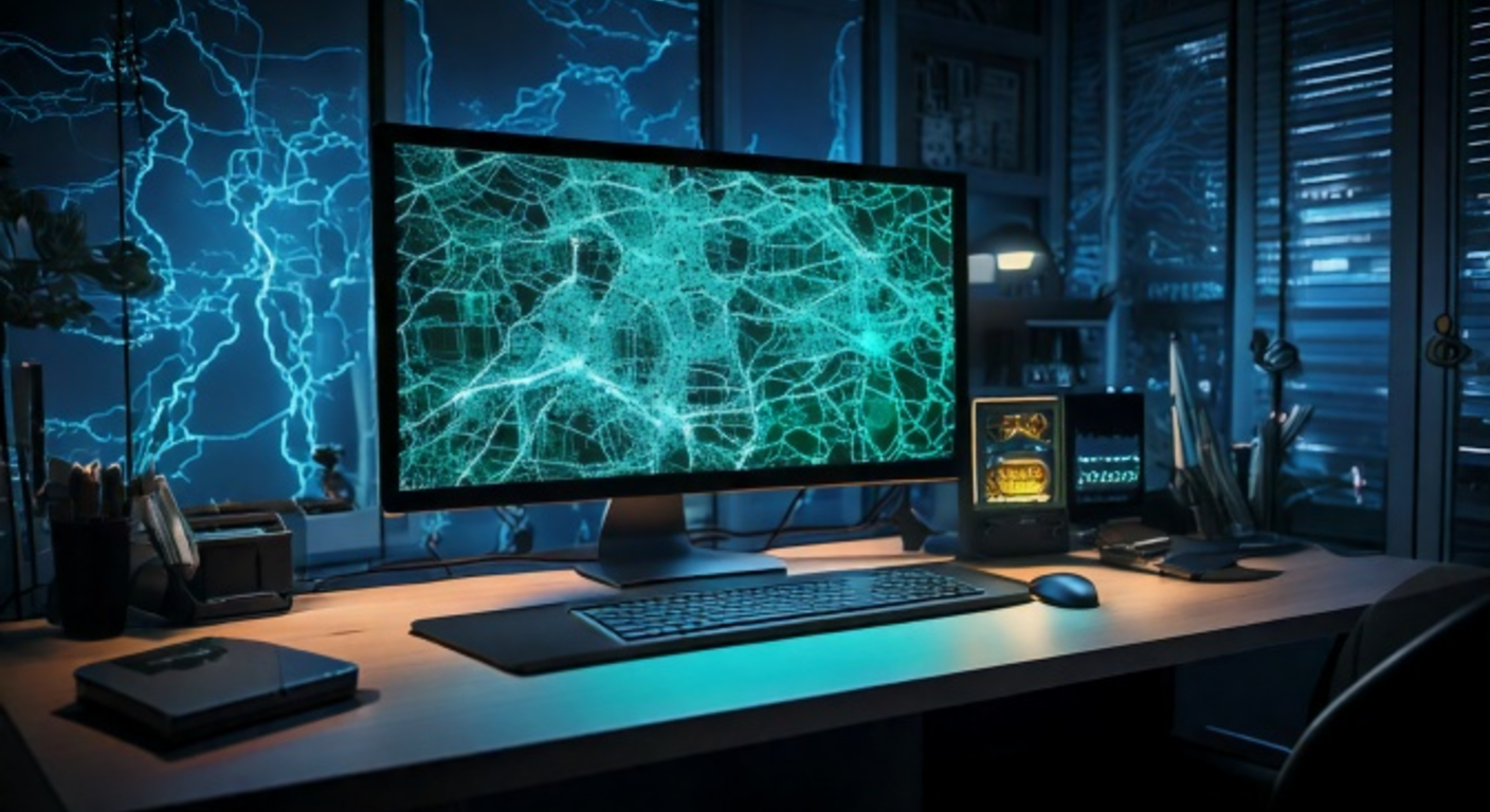 A dim back office at night, a glowing monitor displaying a sprawling teal network map of the Americas, a lone desktop machine quietly running far beyond the scale of the small room