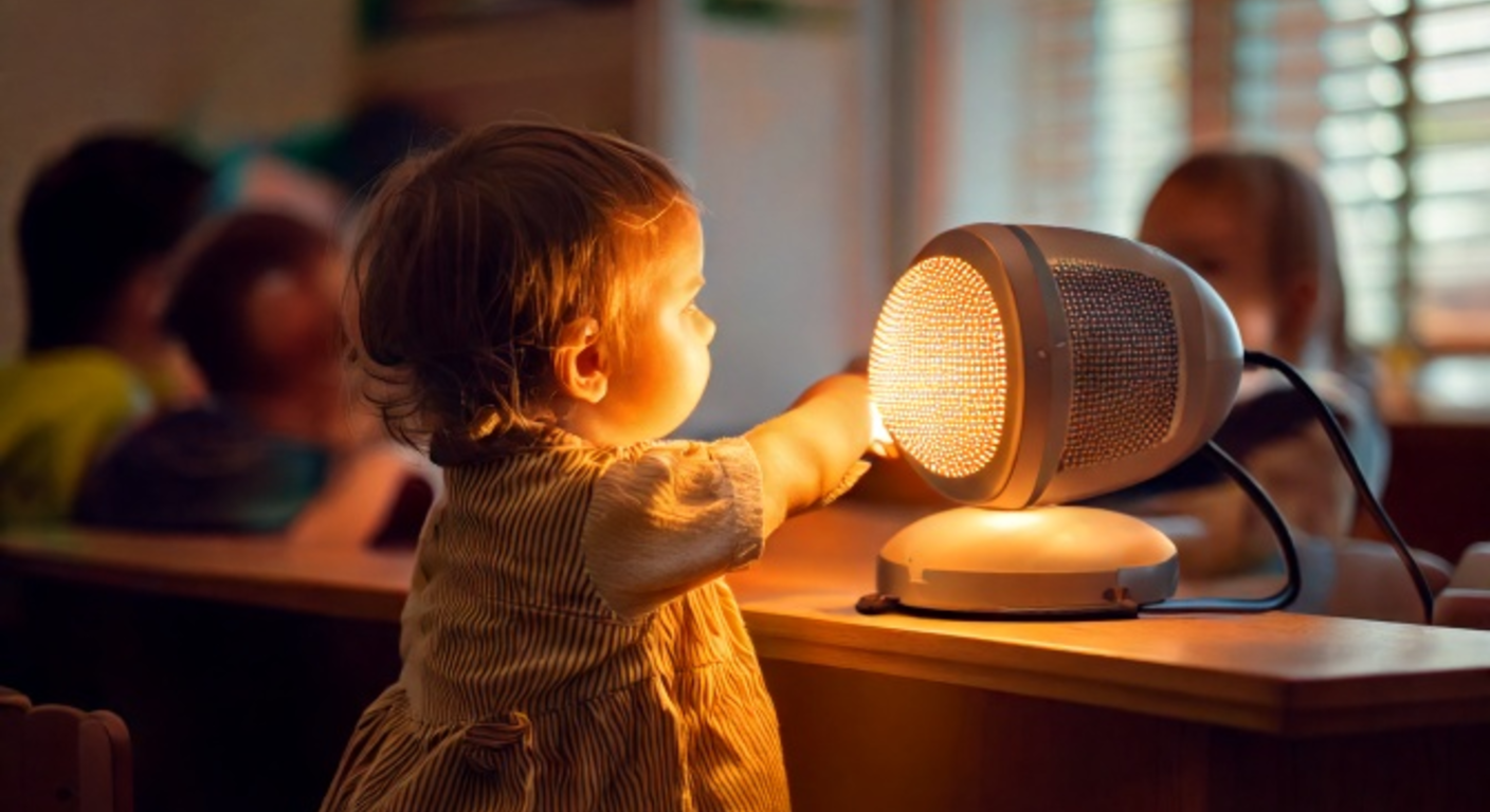 A small toddler reaches up to gently pat a softly glowing speaker on a low shelf in a warm early-childhood classroom, other children playing in soft focus behind