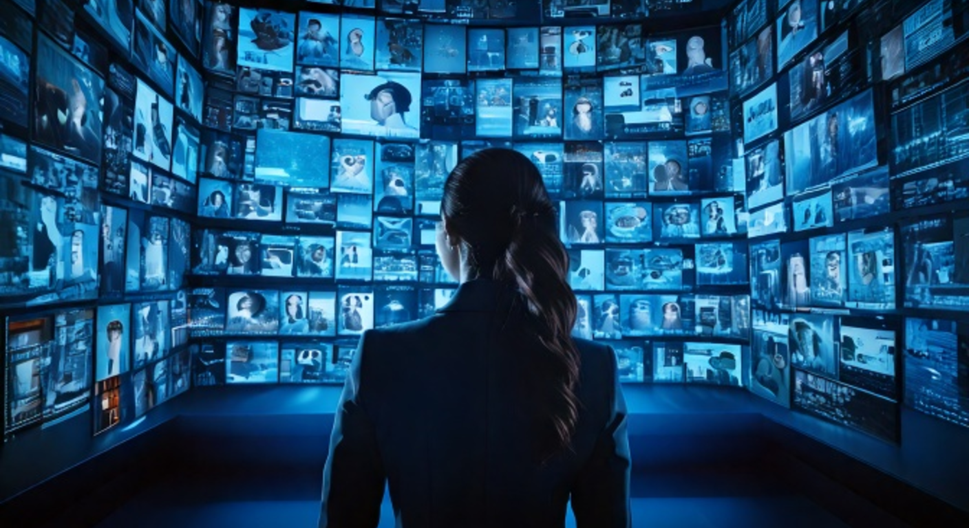 A lone figure silhouetted before a curved wall of dozens of screens, all showing the same human face glitching and contradicting itself, cold blue glitch light