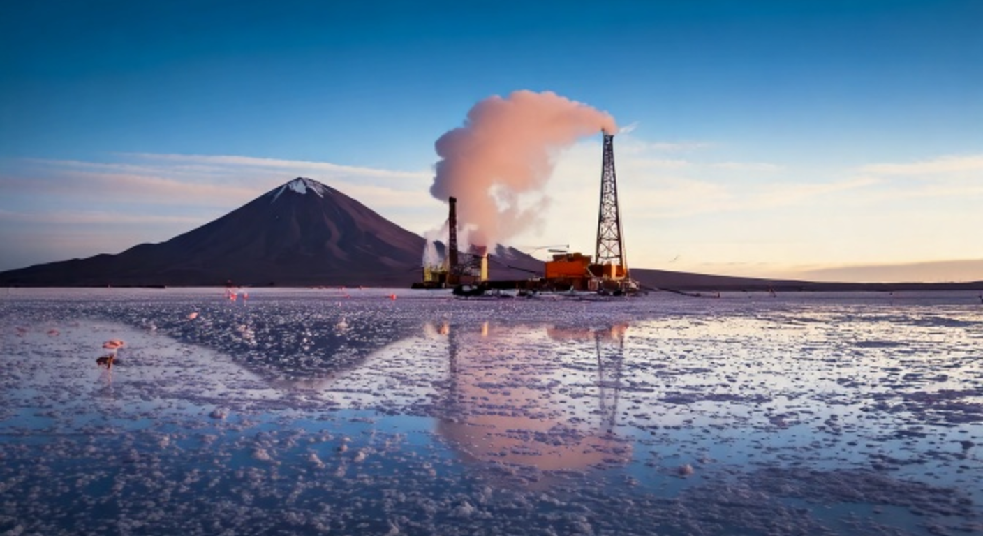 A geothermal drilling rig vents steam on the white salt flats of Salar de Uyuni at dusk, silhouetted against a sacred snow-capped volcano, pink flamingos wading in mirror-still brine pools
