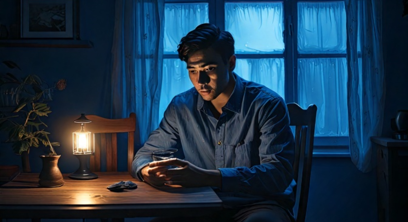 A person sits alone at a kitchen table late at night gazing at a small glowing device, an empty chair across the table, cold blue moonlight and one dim warm lamp