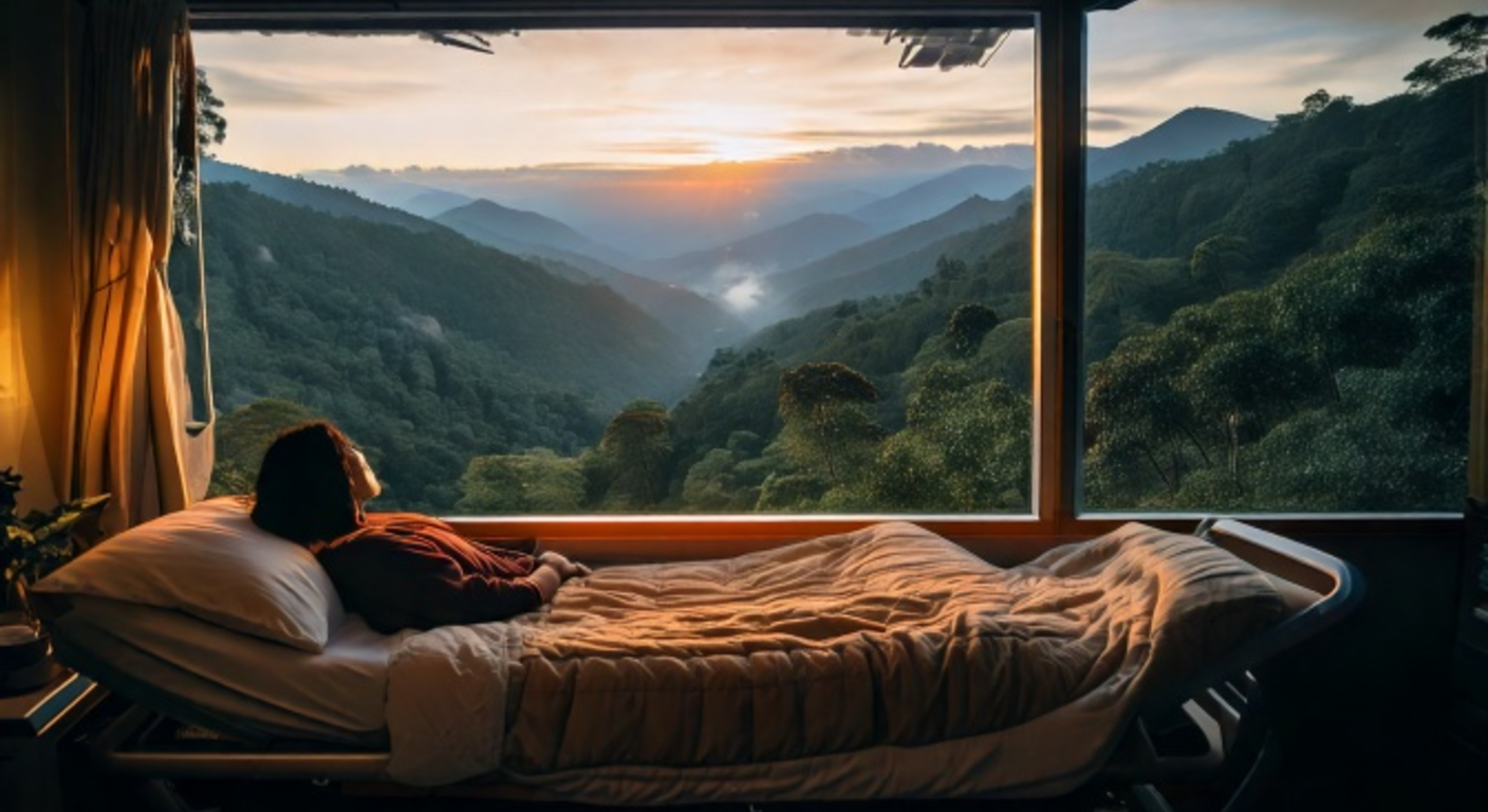 A woman resting in a clinic recovery room at dawn, looking out a tall window over misty green Andean ridgelines.