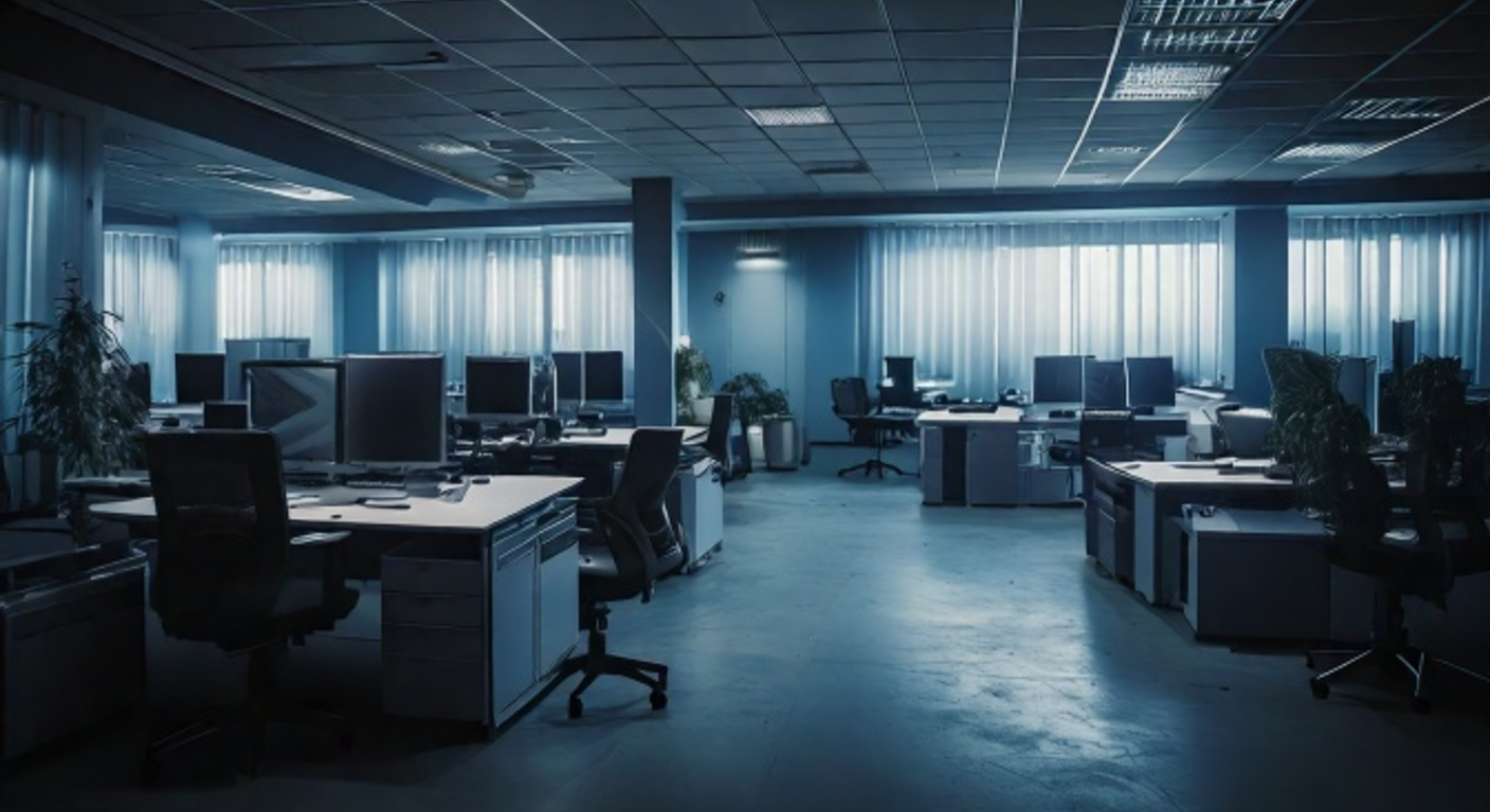 An abandoned open-plan office full of empty cubicles at dusk, dead monitors and pushed-back chairs in cold grey light.