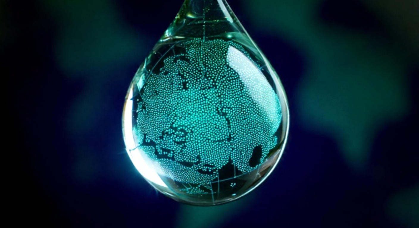 Extreme macro of a single suspended teardrop of water full of glittering graphene microplastic particles forming the shape of a world map, sinister beauty on near-black