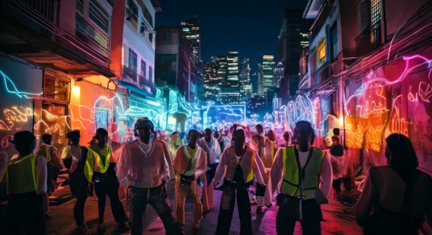A crowd dancing at night in a Rio de Janeiro favela alley, neon light trails streaming through translucent visors and haptic vests, the lights of the hillside city tumbling down behind them