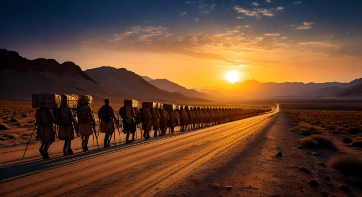 A long column of refugees walking south along a cracked desert highway at dusk toward a low golden sun, carrying packs and children, a mountain range ahead