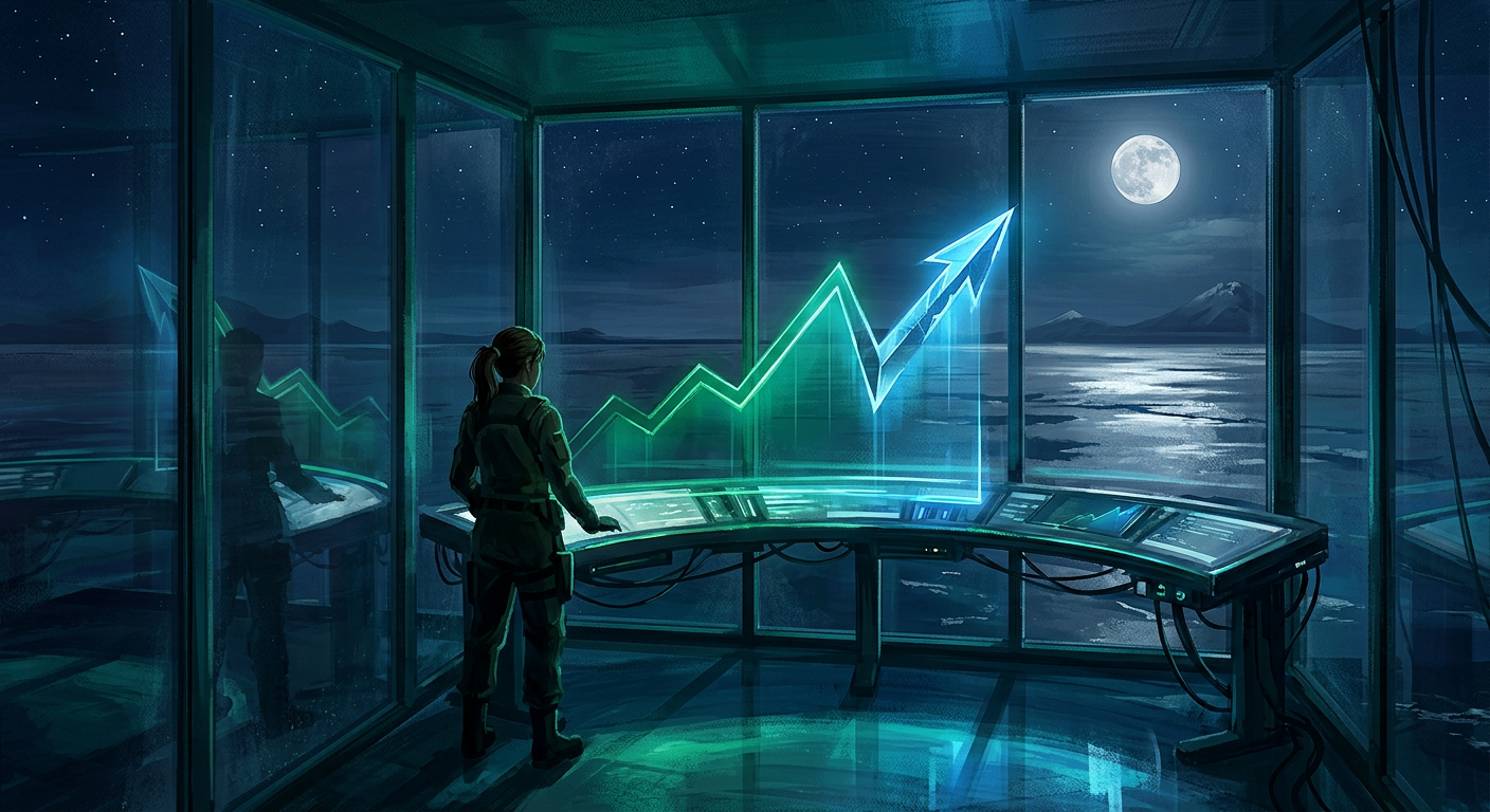 A woman alone in a glass room above moonlit white salt flats at night, a glowing market price-curve bent into the shape of a blade across the wall behind her