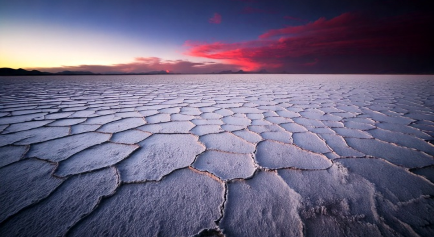 Vast white Bolivian salt flats at dusk with cracked hexagonal salt patterns stretching to the horizon under a dark range, a blood-red band of cloud bleeding across the far sky