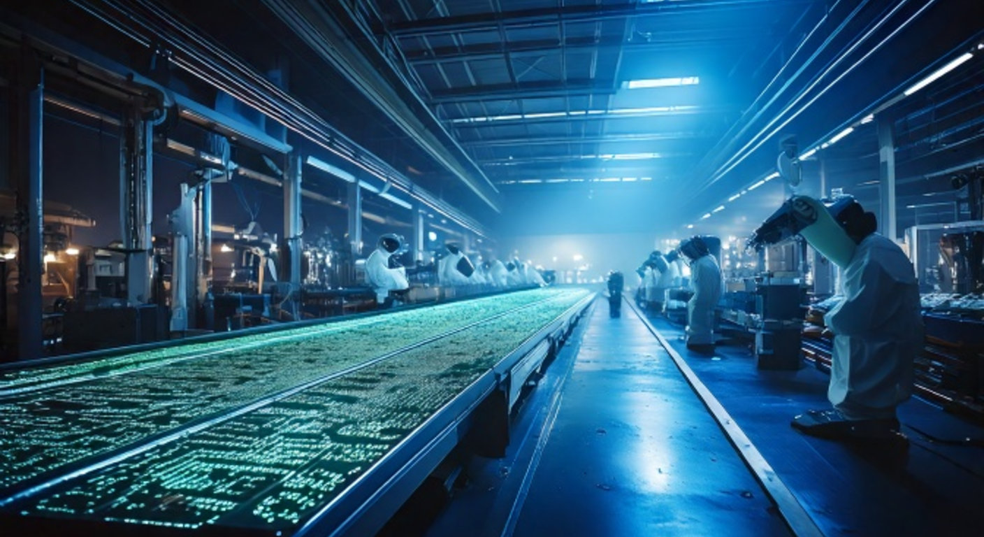 A vast automated factory line at night, rows of salvaged robotic arms working a conveyor under cold blue light, two lone human workers dwarfed at the far end.