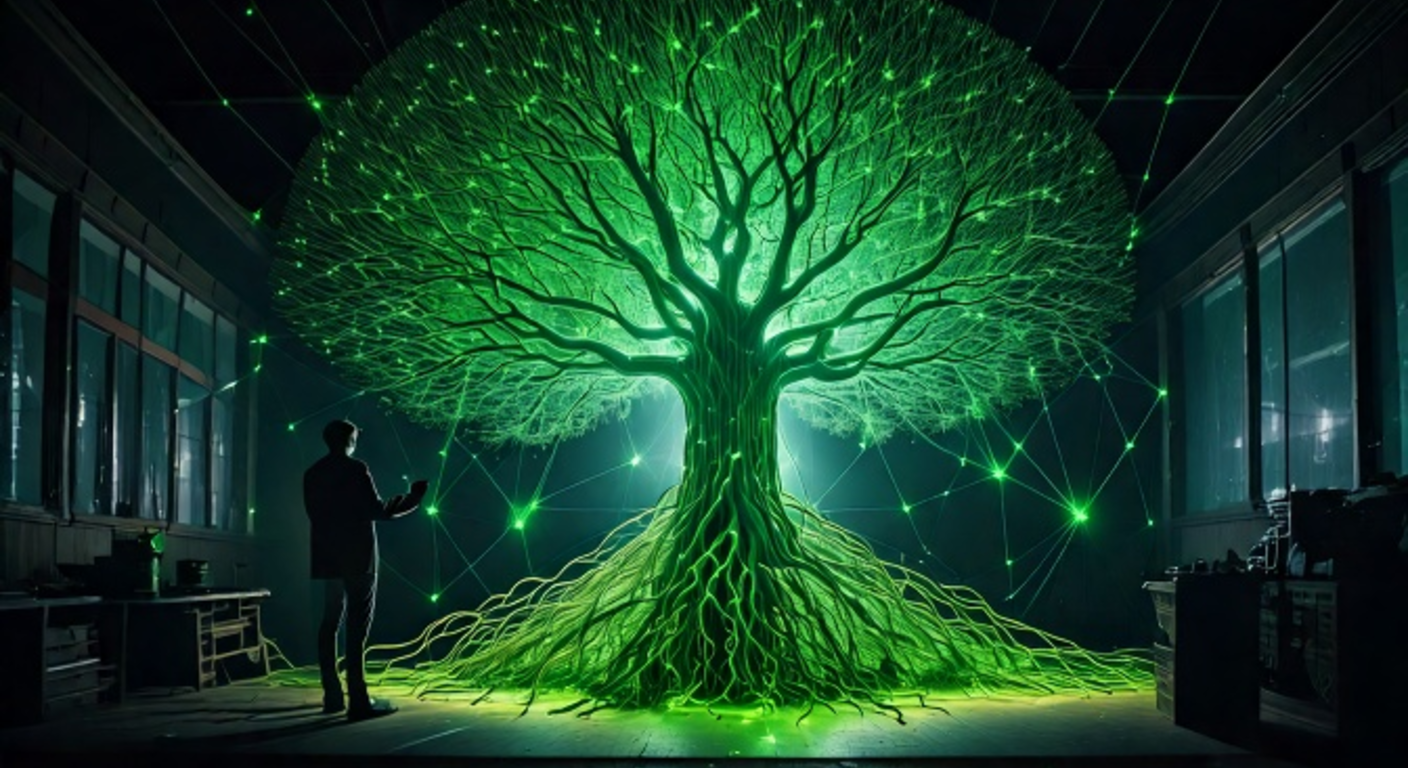 A glowing lime-green network-lineage tree converging downward into thick roots, a lone figure in silhouette studying it in a dark workshop.