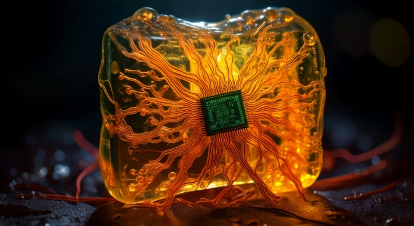 Extreme macro of a 3D-printed volumetric circuit, translucent amber resin with veins of glowing conductive traces branching through it like blood vessels, a salvaged silicon chip at its heart