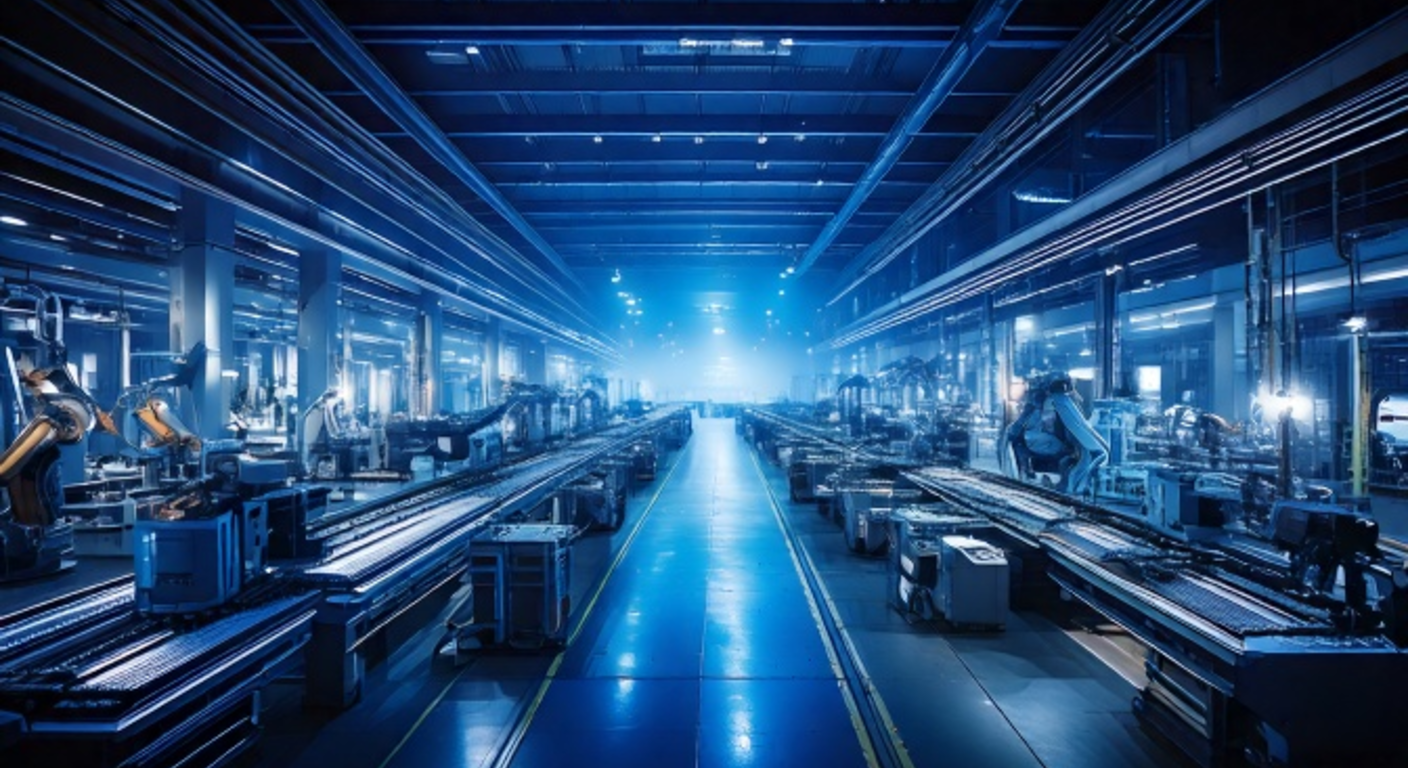 A vast automated factory floor at night with no humans, rows of robotic arms and conveyor lines receding into darkness under cold blue light, racks of identical printed devices