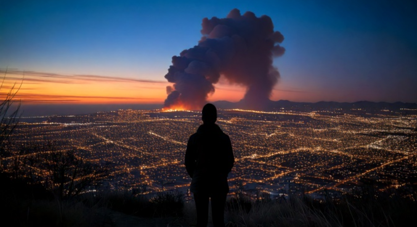 A lone figure silhouetted on a hillside at dusk watching thick black smoke rise over a vast Latin American coastal city, the city lights below scarred by faint orange fire