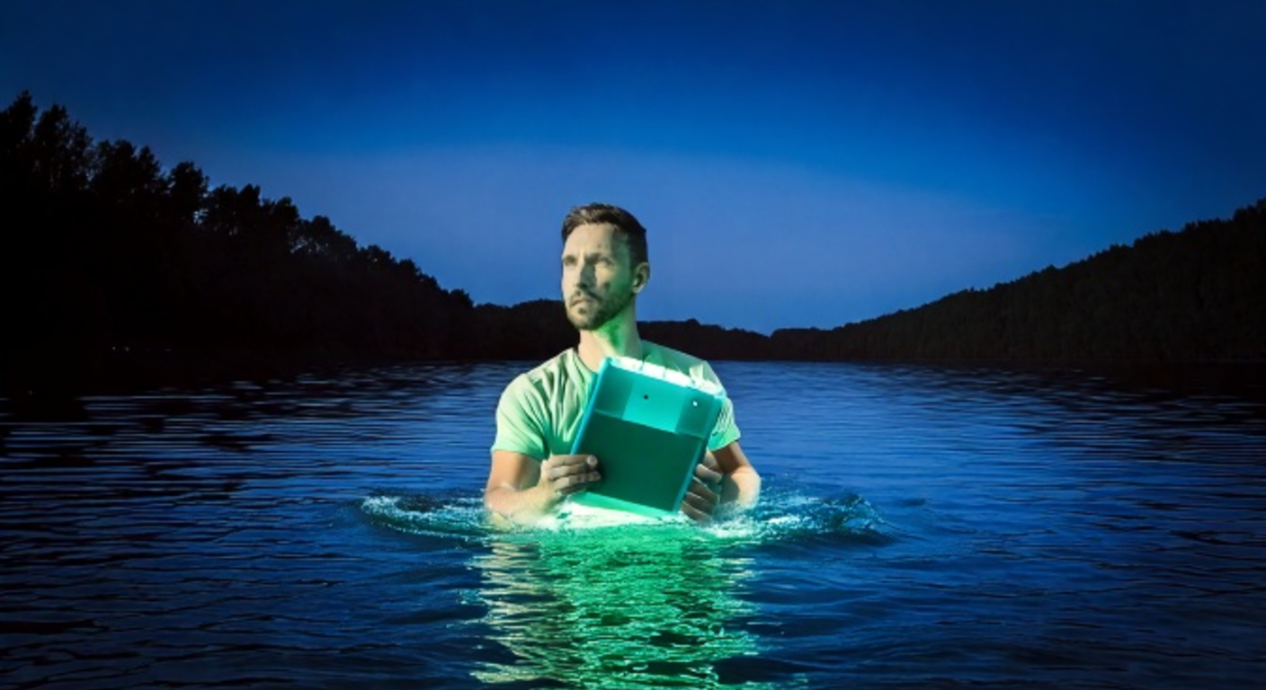 A man wades chest-deep across a wide dark river before dawn, holding a small glowing hard-drive case above the black water with both hands, the far bank a low silhouette