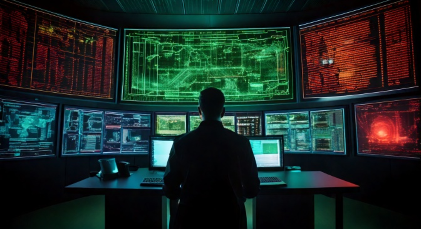 A dark control room at night, a coordinator silhouetted before a wall of monitors showing city surveillance feeds, camera signatures flaring red against a glowing green data grid