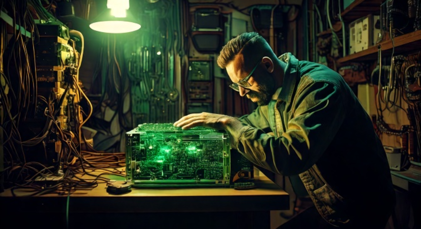 By lamplight in a small workshop room at night, a man rests both hands on a warm glowing hard-drive case, a soft green data-glow rising from it as an AI restores to full