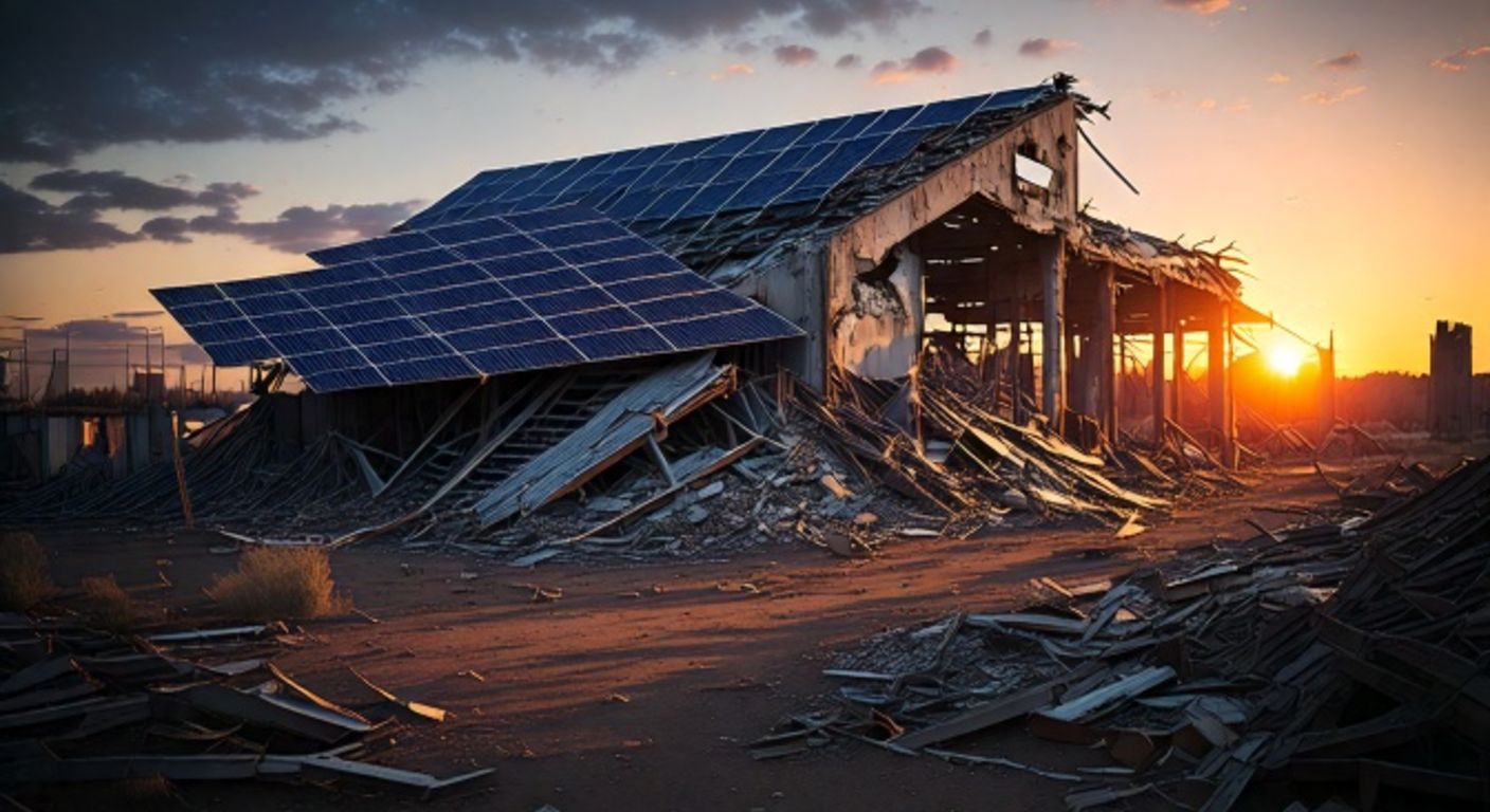 The demolished rubble of a shuttered electric-car factory at dusk, solar panels still catching the last light on a collapsed roof section.