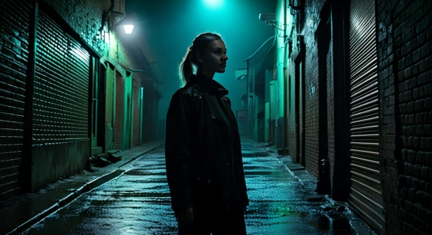 A young woman stands unnaturally still in a dark rain-slick Medellin alley at night, posture too rigid, eyes flat and empty, a faint implant scar behind her ear in sickly green light