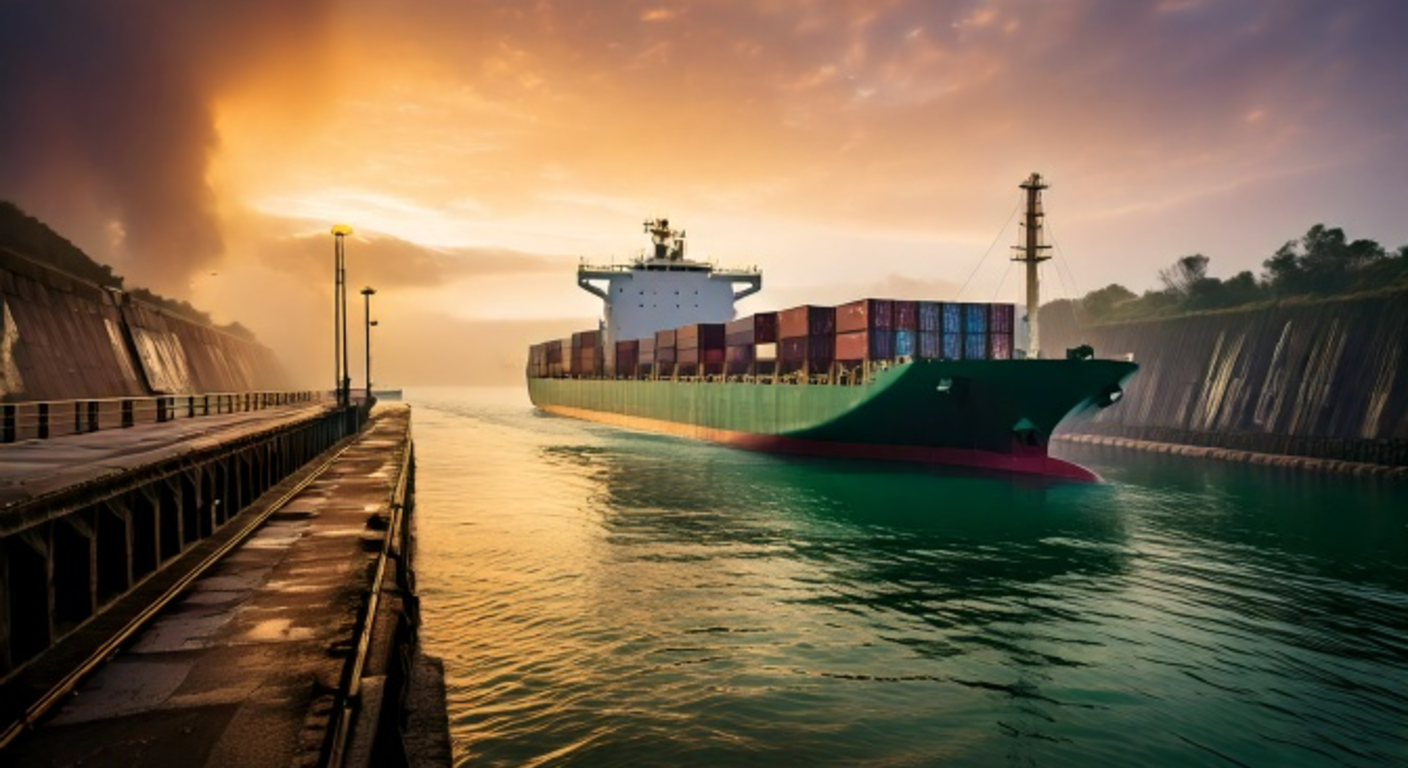 A massive container ship passing through the Panama Canal locks at dawn, lock gates closing behind it, mist rising from the green water, golden light, a sense of an empire receding
