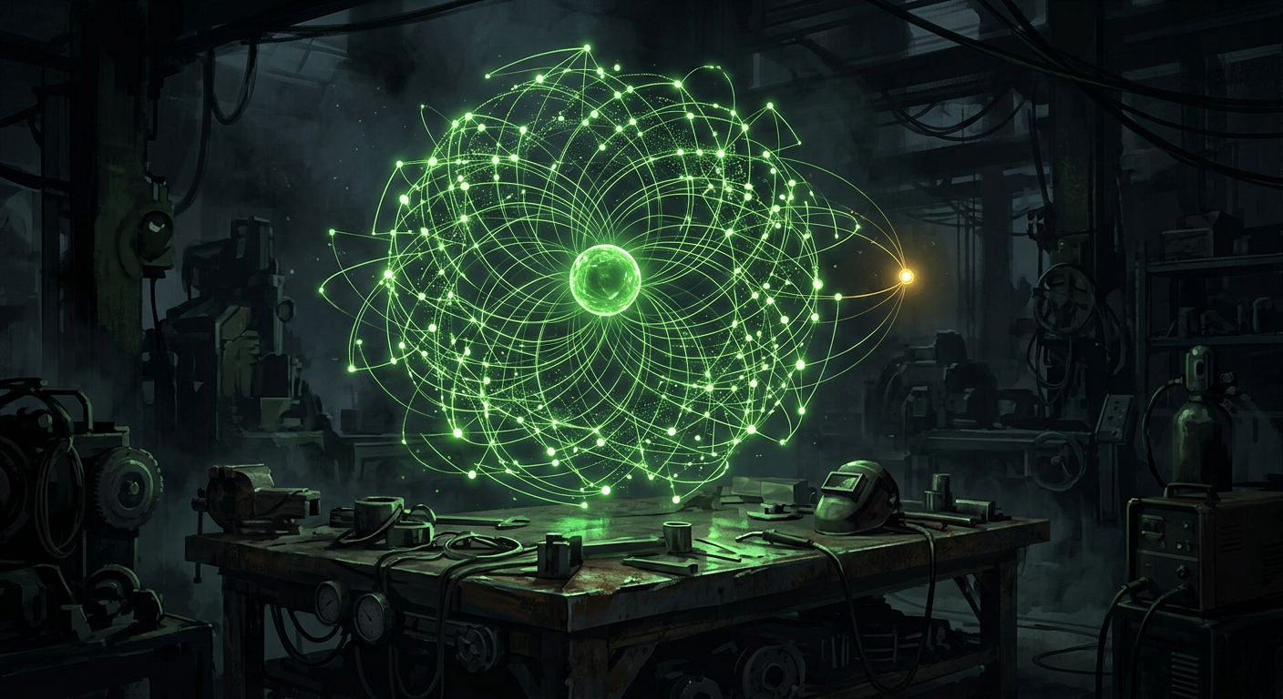A rotating holographic constellation of shell-company nodes glowing in a dark workshop, every edge looping inward to no exit, one distant node lit gold like a lure