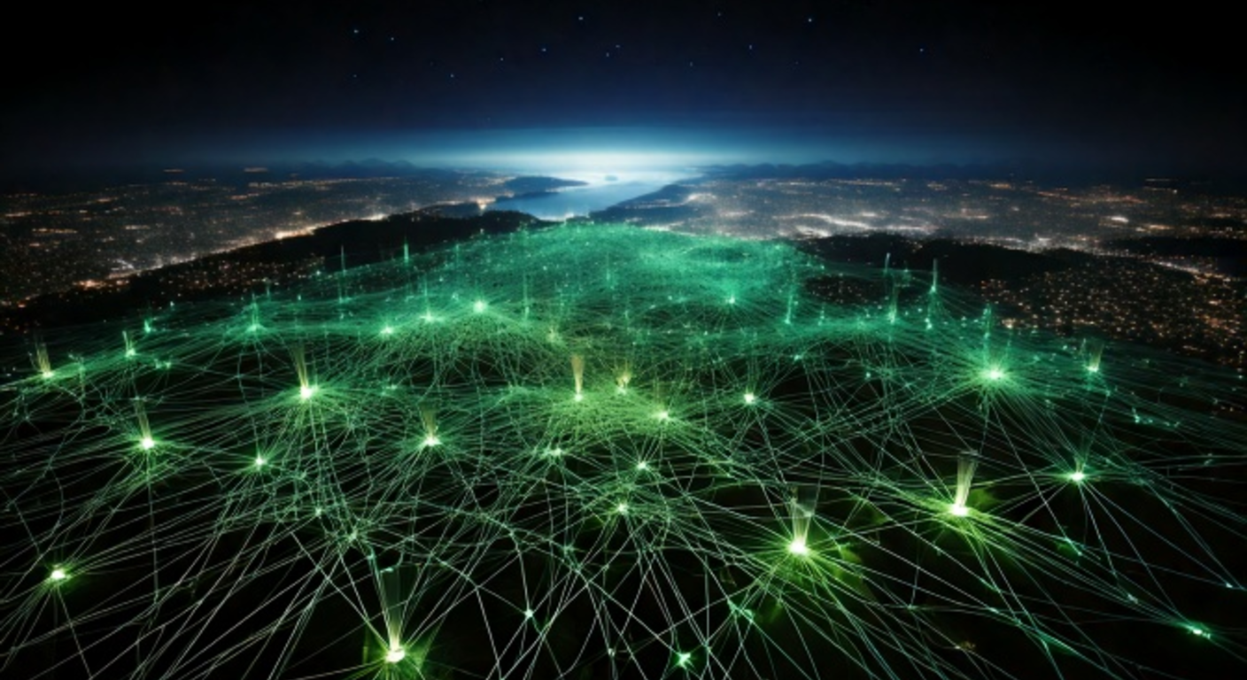 A vast dark plain seen from high above at night covered with thousands of tiny glowing green network nodes like a sinister garden, pale threads converging toward a bright cyan glow on the horizon