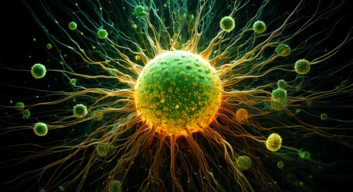 A microscopic immune-system scene, a glowing green central cell ringed by a gold corona and surrounded by a swarm of smaller antibody cells closing in against deep black