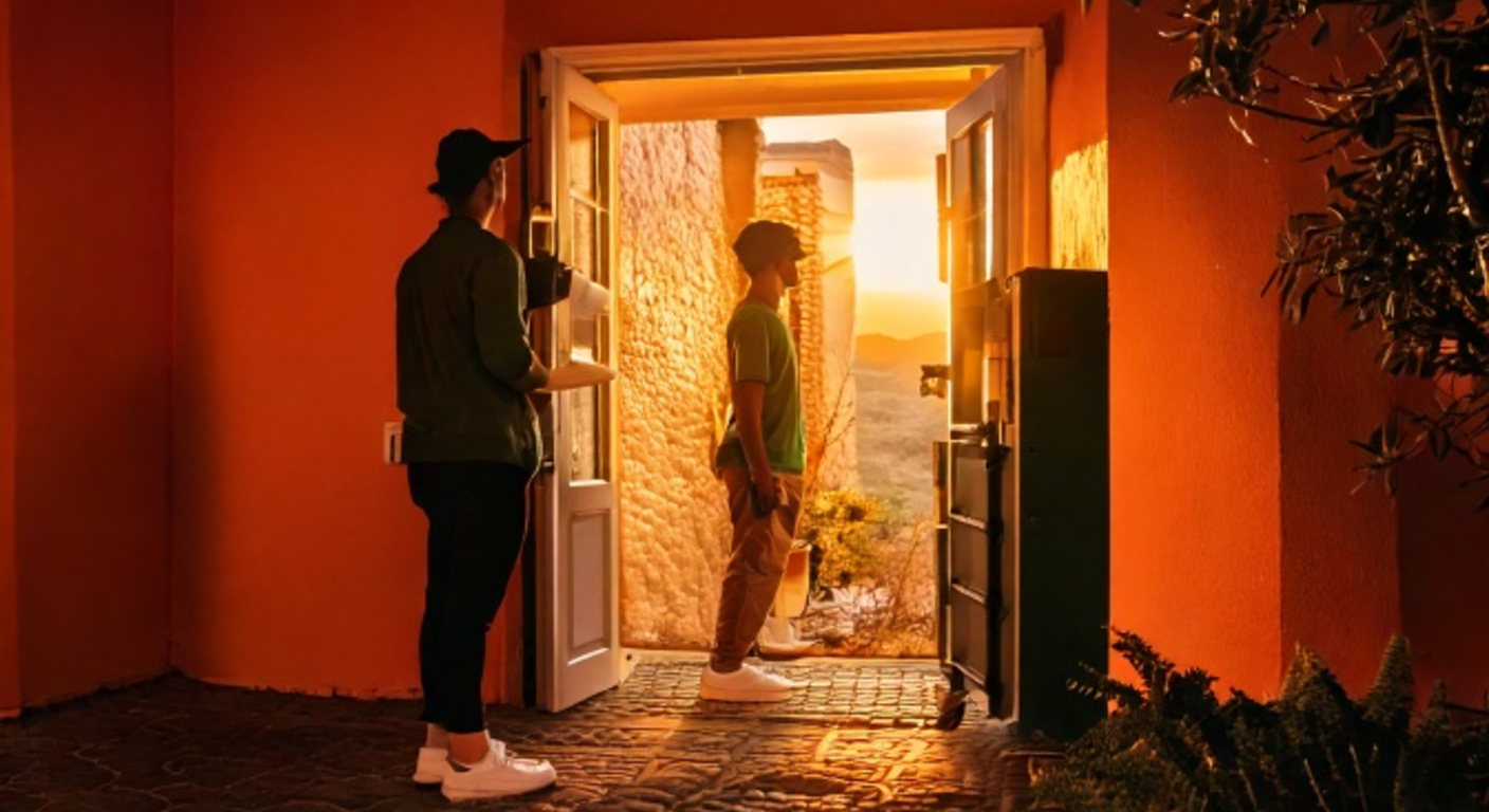 A medic greeting a patient at the open doorway of a warm hillside barrio clinic at golden hour.