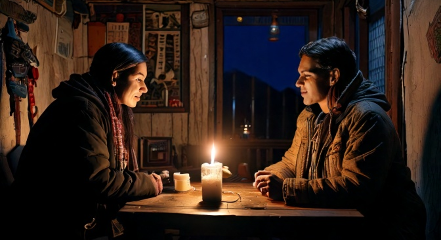 Two people talk quietly by candlelight in a dim room above a pharmacy in a Peruvian mountain town at night, mesh-network gear on the table, town lights through the window