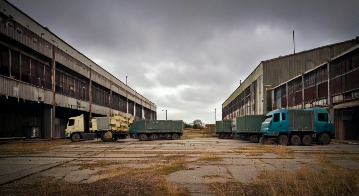Salvage trucks parked between two weathered hyperscale data center buildings under a flat overcast sky, dry grass breaking through the cracked concrete apron