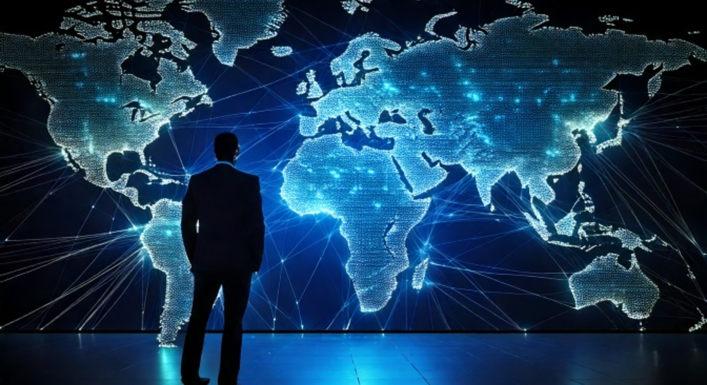 A man stands at night before a vast glowing wall-sized map of the global mesh network, thousands of luminous nodes pulsing across the continents, his hand raised toward one