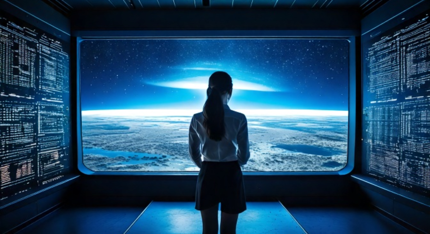 A woman stands small and alone at midnight in a glass-walled control room, facing a vast luminous presence of data and light over the Earth — the intelligence she helped raise