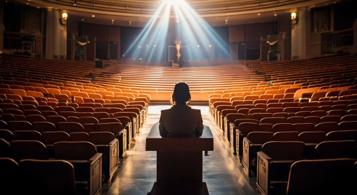 A lone podium in a single beam of light at the center of the vast United Nations General Assembly hall, ranks of empty curved delegate desks receding into warm shadow