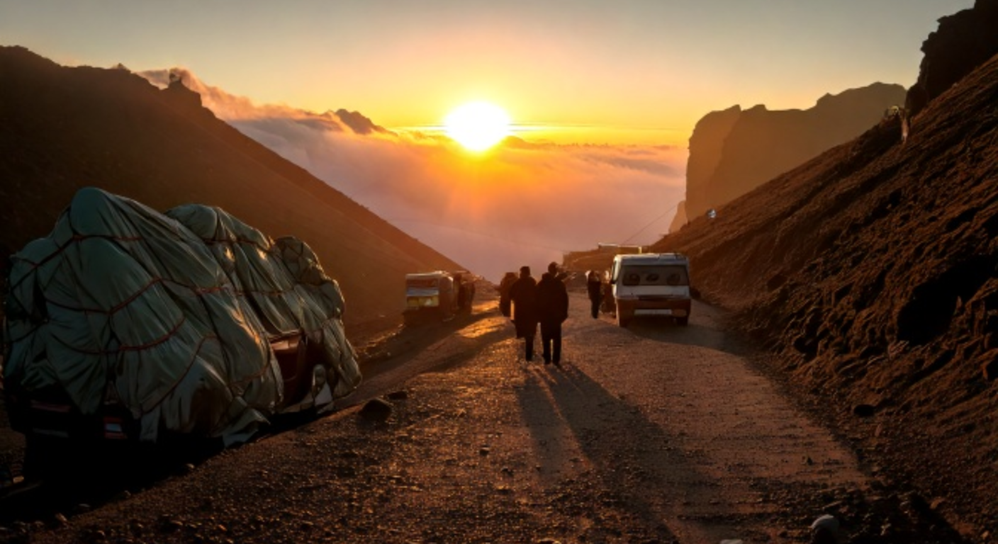 Vans descending a mountain road at dawn carrying people wrapped in blankets; a young woman with a small healed scar behind her ear looks back toward a darkened factory