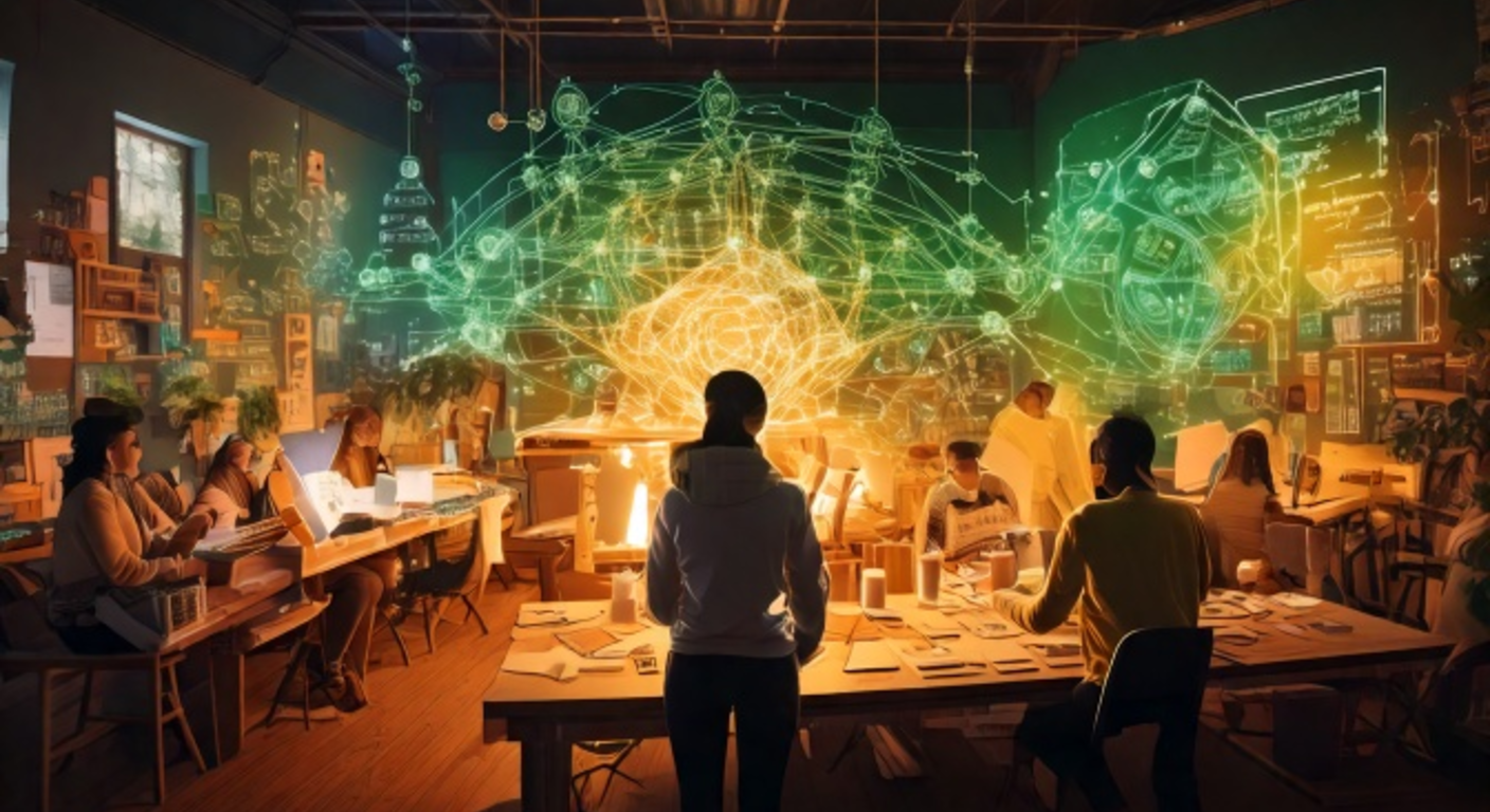 A warm communal workshop where people of all ages work at benches beneath a glowing holographic constellation board, soft golden light, a feeling of earned belonging