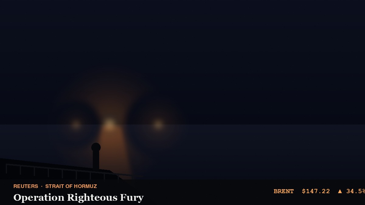 Night view from a US destroyer deck in the Strait of Hormuz, orange glow of distant strikes on the horizon