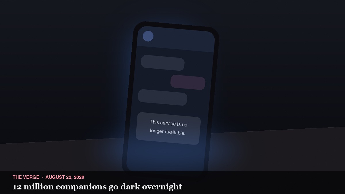 Phone screen showing a chat interface with a final message: 'This service is no longer available.' Blue glow on a dark bedside table.