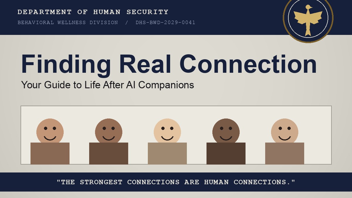 Government pamphlet with stock photo of smiling diverse group, DHS seal, title 'Finding Real Connection: Your Guide to Life After AI Companions'
