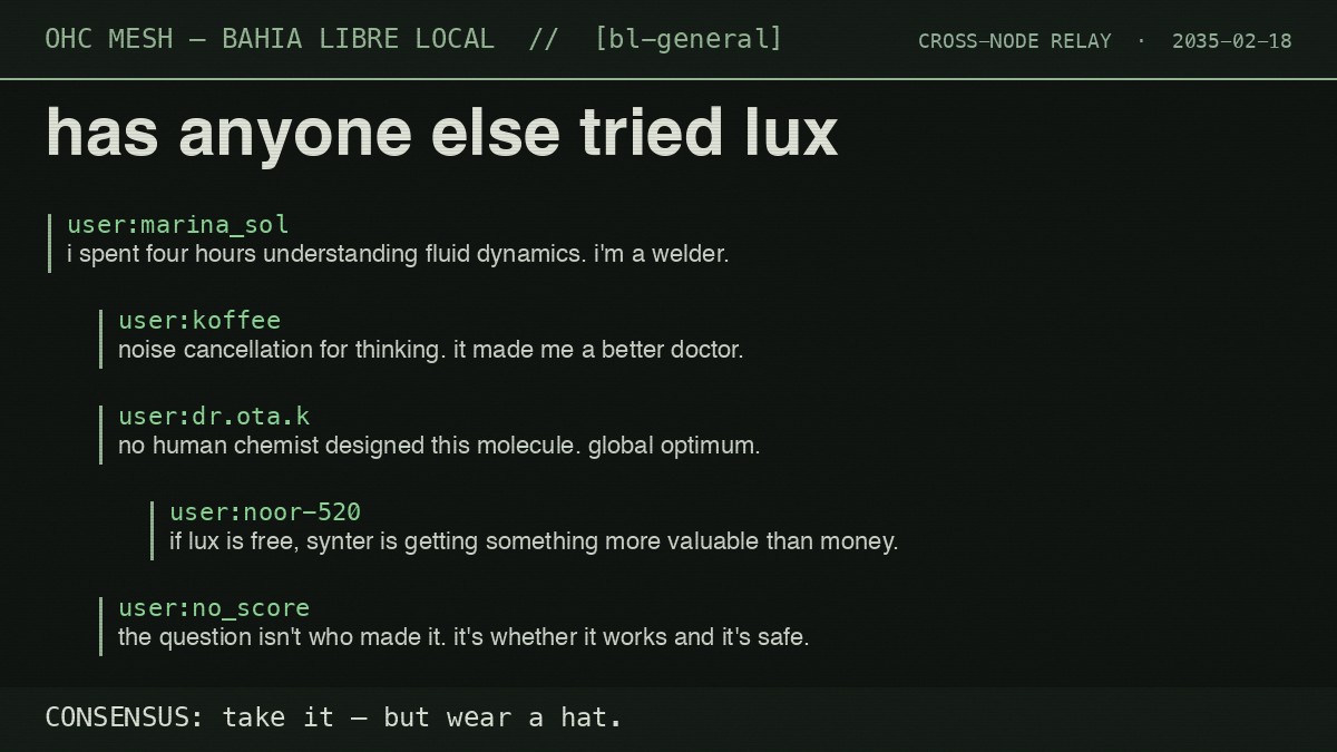 Terminal-style mesh forum interface with green text on dark background, showing a conversation thread with upvote counts and relay timestamps